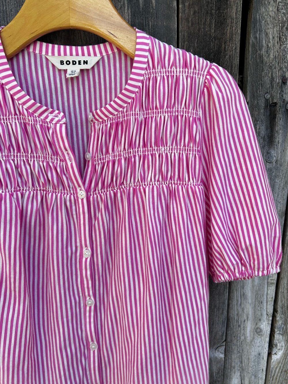 Boden Mya Short Sleeve Smocked Shirt Cotton Tencel Pink Punch Ivory Stripe 6 - Picture 7 of 16